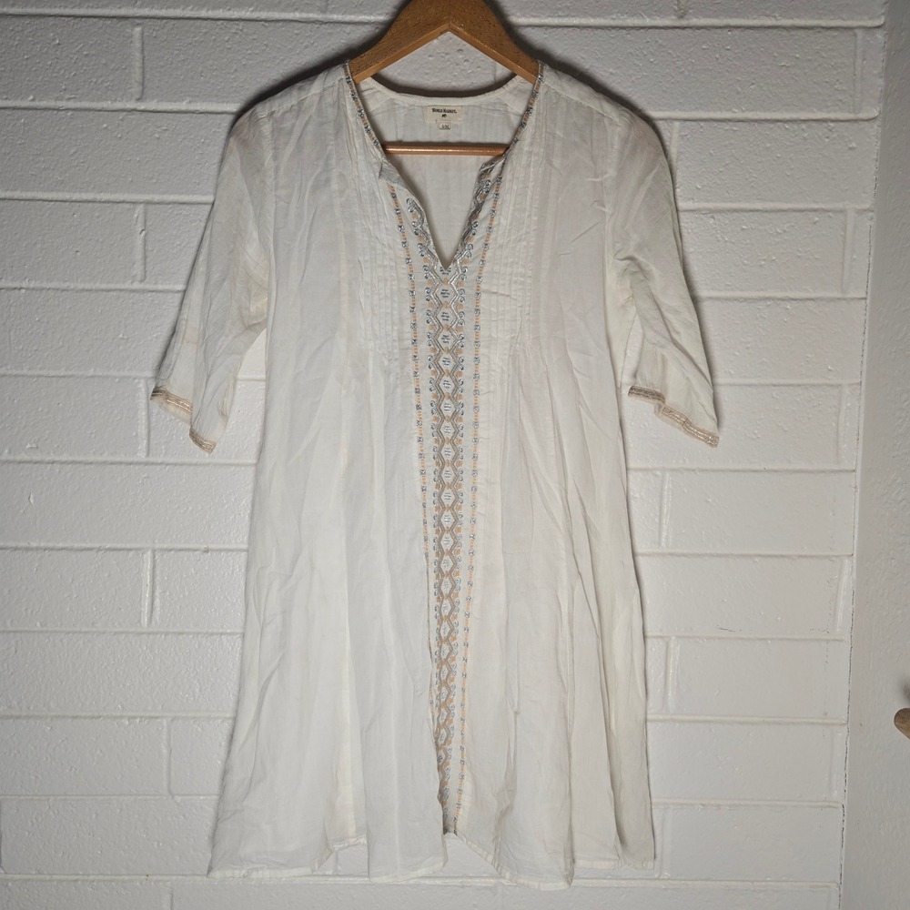 World Market Tunic Dress S/M White Embroidered Boho V Neck Pockets Hippie‎ Fairy